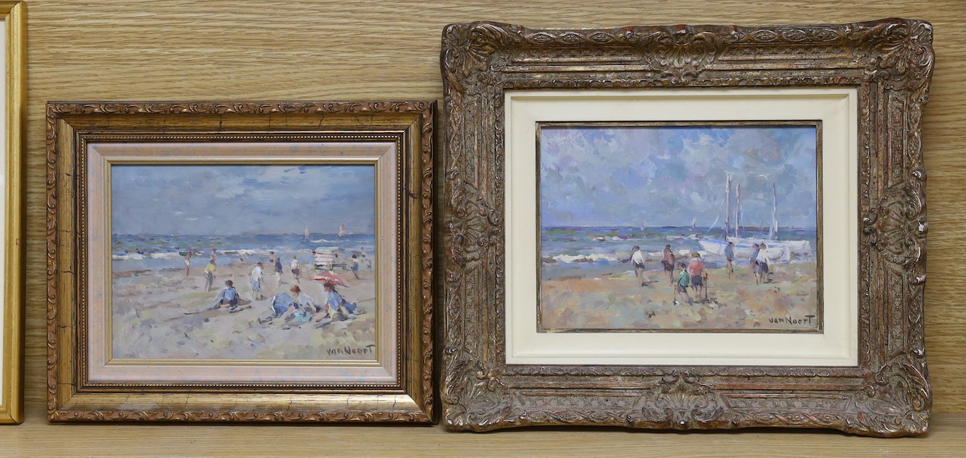 Arie Van Noort (1914-2003), two oils on board, Dutch beach scenes, signed, 14 x 19cm